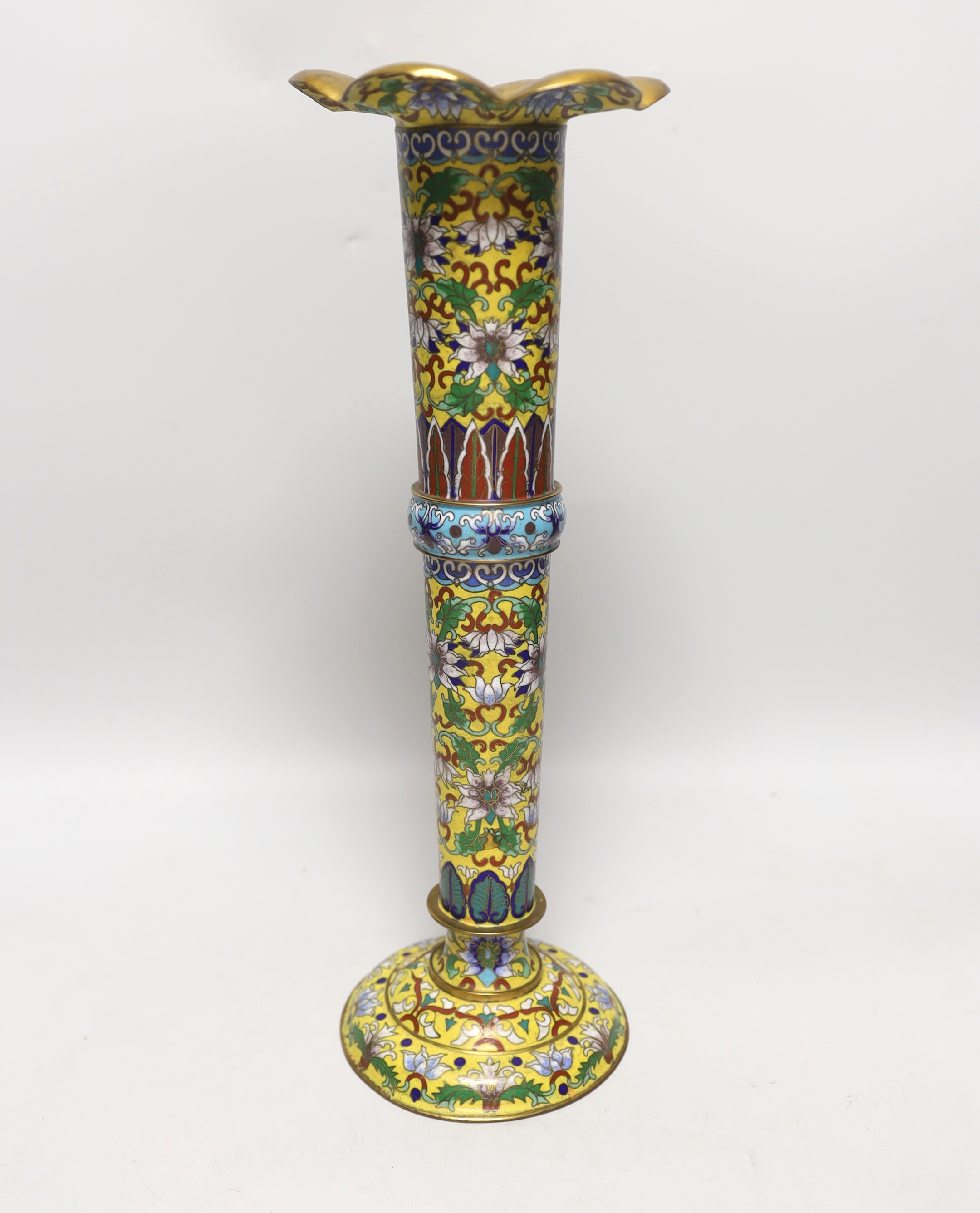 A Chinese yellow ground cloisonné enamel trumpet shaped vase , 35.5cm